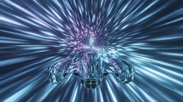 Futuristic spaceship traveling through hyperspace at warp speed, digital art.