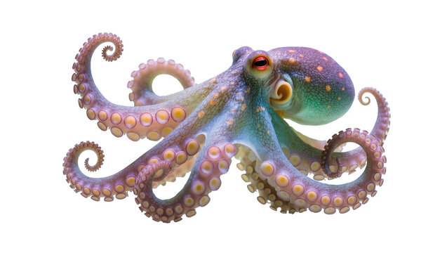 Stunning vibrant octopus with colorful purple-blue skin texture and captivating red eyes