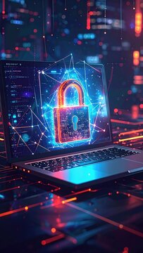 Laptop screen displays a glowing digital padlock symbol