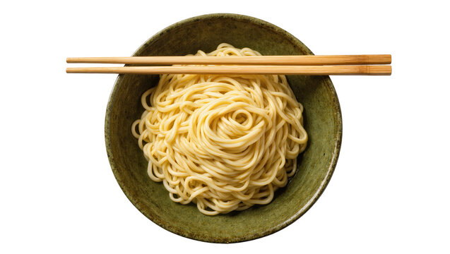 Delicious cooked Asian egg noodles with chopsticks in a ceramic bowl ready to eat