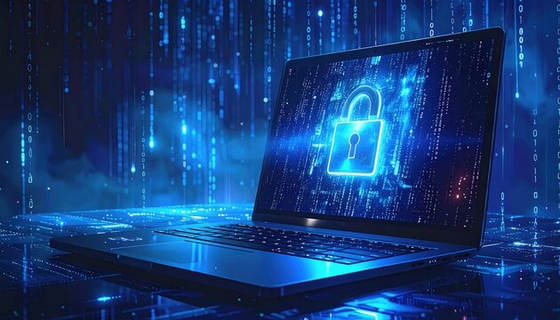 Secure laptop display with digital code rain background