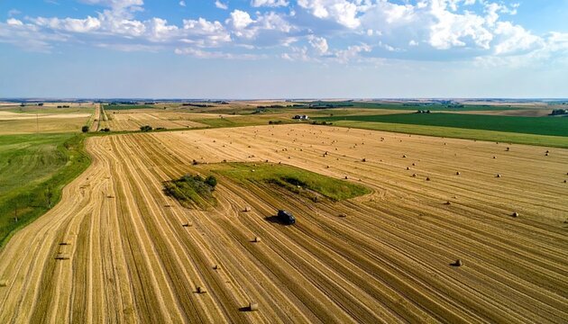 Rural fields with straw bales under a bright blue sky