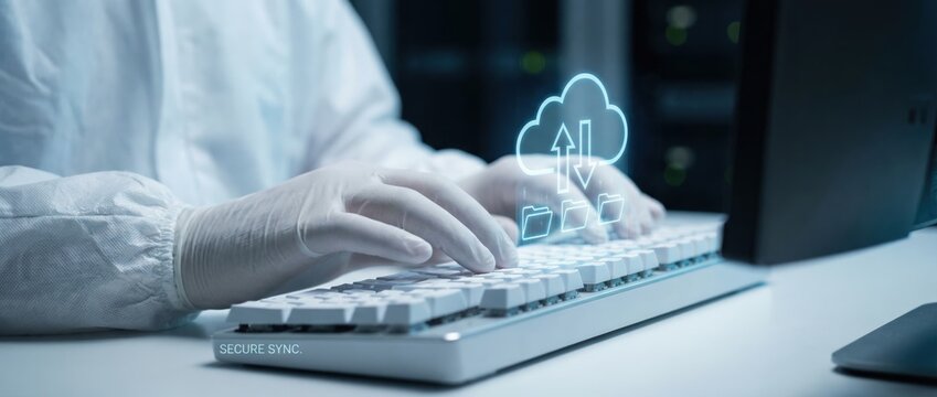 Data upload action by technician in secure server room digital content creation high-tech environment close-up viewpoint cloud computing concept