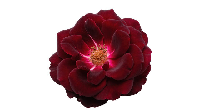 Vibrant deep red rose flower in full bloom showing its striking golden yellow center