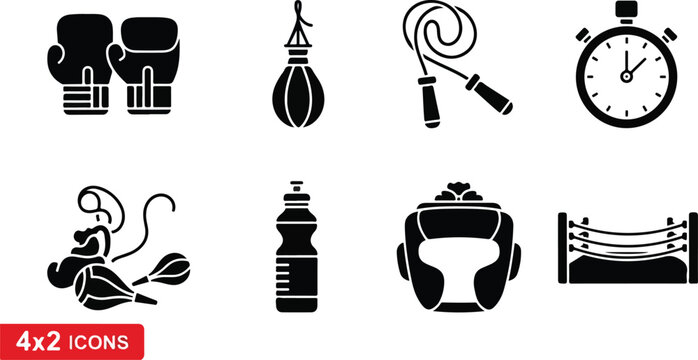 Set of 8 black boxing and fitness vector icons including gloves, punching bag, jump rope, stopwatch, and ring isolated PNG with Transparent Background
