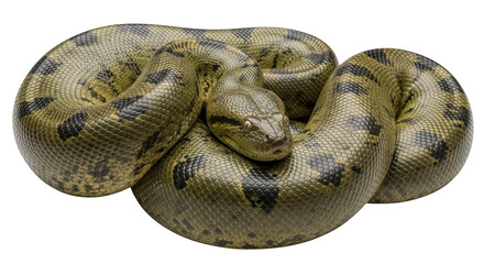 Fototapeta premium Coiled green and black snake curled up on transparent background looking forward