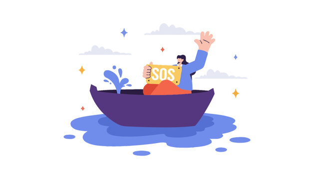 A man in a boat holding an SOS sign in distress