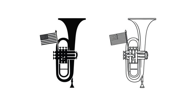 Tuba, Sousaphone, American Flag, Patriotic Vector Illustrations, Musical Instruments