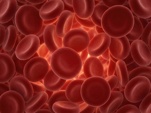 3D-Rendering einer starken Ansammlung roter Blutk&ouml;rperchen, dichte Makroansicht der Textur menschlicher Erythrozyten, medizinischer Gesundheits- und Wissenschaftshintergrund.