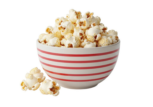 A white bowl with red stripes filled with popcorn on a transparent background