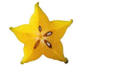 Naklejka premium Vibrant yellow star fruit cross-section with five points and visible seeds