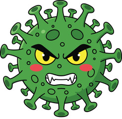 Fototapeta premium Angry Green Coronavirus Cartoon Character Mascot with Sharp Teeth and Yellow Eyes Representing Viral Infection Pandemic Outbreak Isolated on White Background