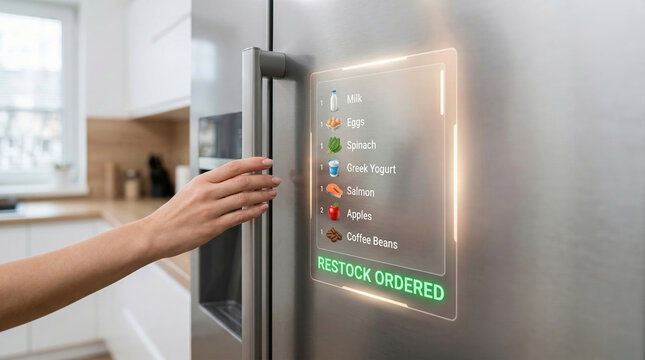 Smart home AI agents manage personal tasks with digital fridge display showing restock order