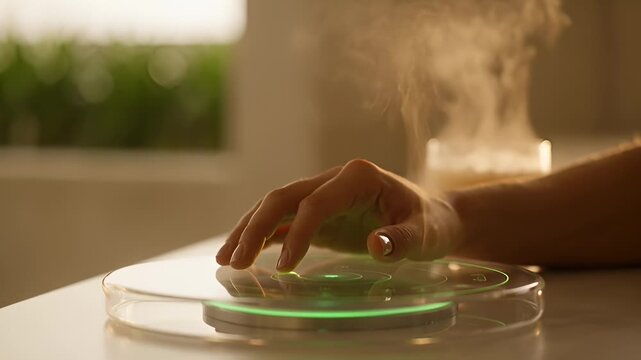 Close Up of Hand Activating Futuristic Aroma Diffuser With Green Light and Mist
