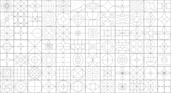 Large collection of minimalist geometric line art patterns, arranged in a grid for modern abstract design and graphic elements