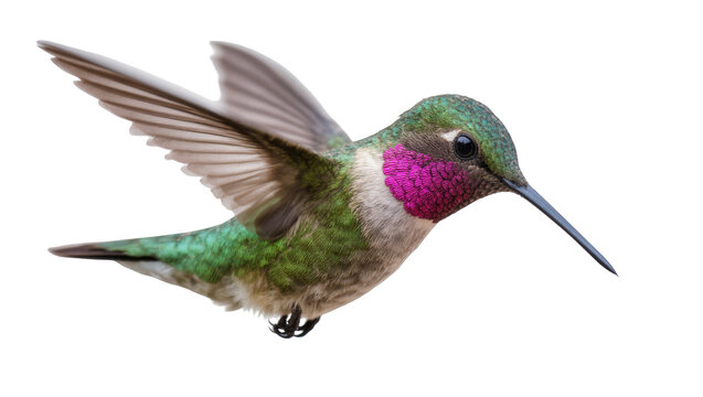Beautiful vibrant hummingbird with emerald green and magenta plumage hovering gracefully