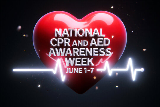 National CPR and AED awareness week with heartbeat and red heart