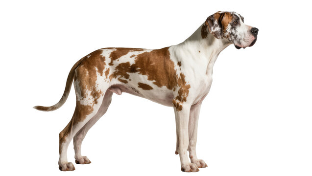 Regal Great Dane adult dog standing elegantly, highlighting its distinctive brown patched fur