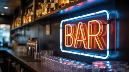 Fototapete Bar Neon Bar Ambiance: Capture the atmospheric essence of a stylish bar, featuring a vibrant neon sign amidst bottles, glasses, and a welcoming atmosphere.  © Provas Chandra
