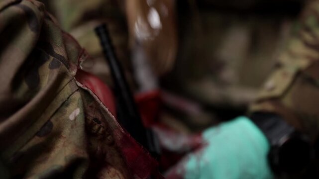 Close-up horizontal shot of a tactical combat tourniquet tightly applied to a soldier's limb to control massive hemorrhage from a bloody wound during field medical care