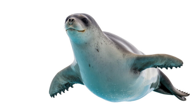 Graceful leopard seal portrait showcasing its unique spotted coat and powerful swimming
