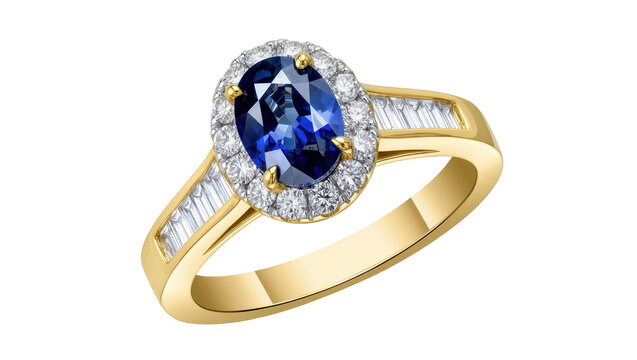 Luxurious gold engagement ring featuring an oval blue sapphire and diamond halo design.