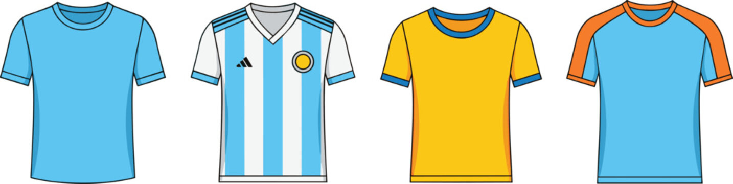 Set of soccer t shirts and football jerseys including striped and solid designs in colorful flat vector illustration style