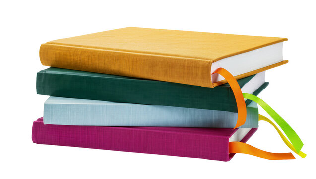 Pile of four vibrant blank books with colorful ribbons perfect for learning and design