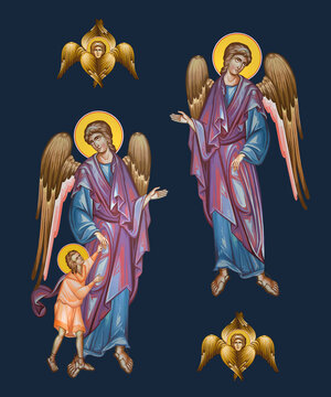 Guardian angel and guardian angel with a kid illustration set in Byzantine style