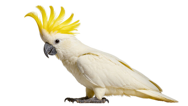 Elegant sulphur-crested cockatoo standing in profile with its vibrant yellow crest