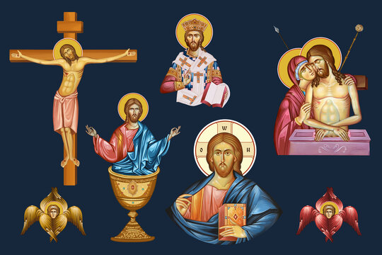 Christian religious illustration set with Jesus Christ in Byzantine style