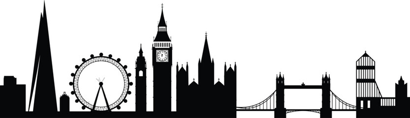 Obraz premium London skyline silhouette featuring Big Ben, London Eye, Tower Bridge and modern landmarks isolated on white background for travel tourism city illustration