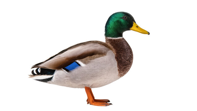 Vibrant male mallard duck with green head and yellow bill standing in profile