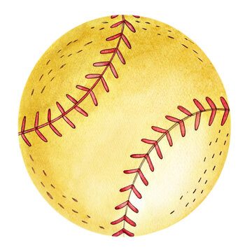 Watercolor yellow softball with red stitches isolated