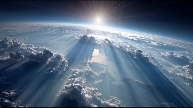 宇宙から捉えた地球の地平線と、雲を透過して差し込む太陽光の壮大な景観