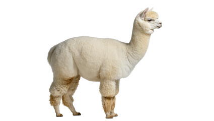 Obraz premium Beautiful cream alpaca standing in full profile, a charming fluffy domestic animal.