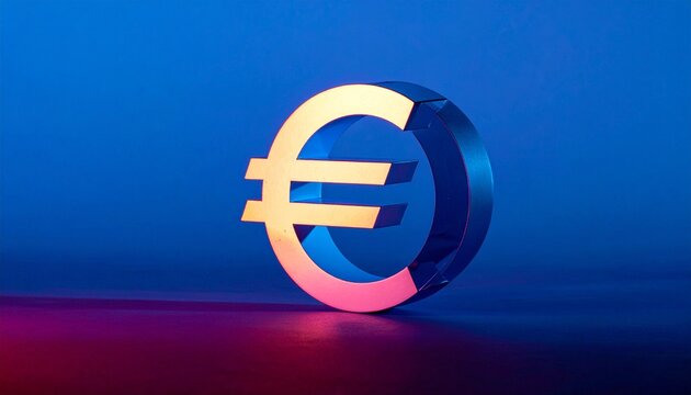 Stylized three-dimensional euro symbol glowing in blue-purple gradient, modern design casting shadows, sleek financial aesthetic, representing European currency, economic unity, and contemporary monet
