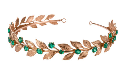 Opulent gold laurel wreath tiara adorned with brilliant green emerald gemstones © Ryan