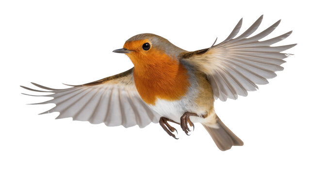 Vibrant European Robin in mid-flight with wide wings, a small wild garden bird