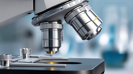 Fototapeta premium Microscope and laboratory equipment are arranged on a work surface. A clear background shows glassware and paper materials in a lab.