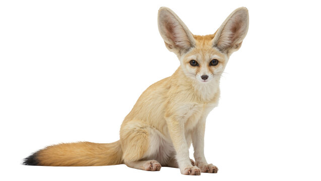 Adorable fennec fox with characteristic huge ears sitting alertly and looking at camera