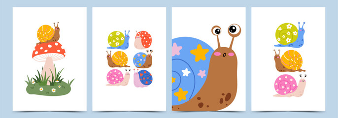 Cute snail nursery poster set with colorful characters. Hand drawn kawaii vector illustration for kids room decor, greeting cards, baby shower, wall art prints and design © Svitla