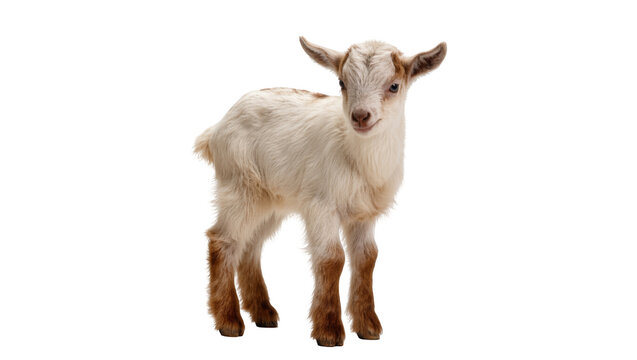 Cute and fluffy baby goat with delicate horns, standing playfully on its own