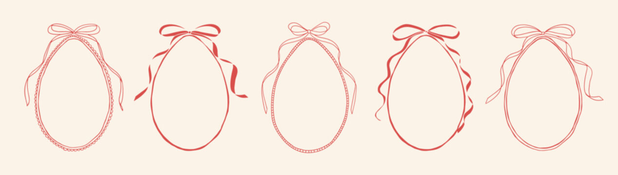 Red vintage oval Easter frames with egg shape, bows and ribbons, hand drawn doodle style line art. Decorative festive outlines for greeting card, invitation, spring poster, print, label, branding.