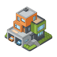 Fototapeta premium An isometric illustration of a modern, multi-story house with a garage, featuring colorful geometric sections and surrounding greenery.