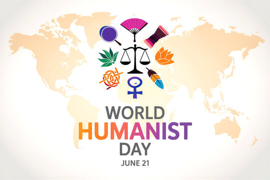 World humanist day celebration with global icons and map background