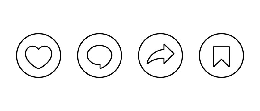 Like, comment, share, and save outline icon. Heart, speech bubble, repost, and bookmark symbol in circular line