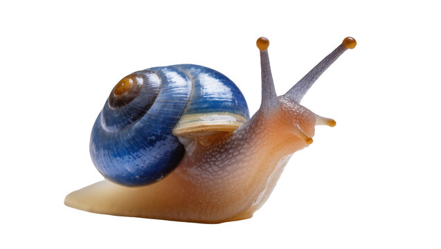 Close-up of a fascinating snail with a bright blue shell and distinctive orange body.