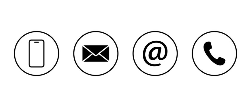 Smartphone, email, mention, and phone call icon. Contact customer support symbol in circular outline