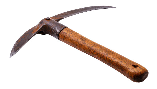 Vintage rusty pickaxe with wooden handle, an ancient tool for mining or gardening
